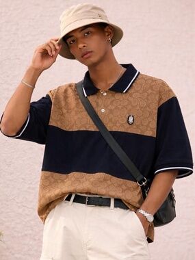 Coach Men's Brown Signature Monogram Print Polo Shirt Size 3X